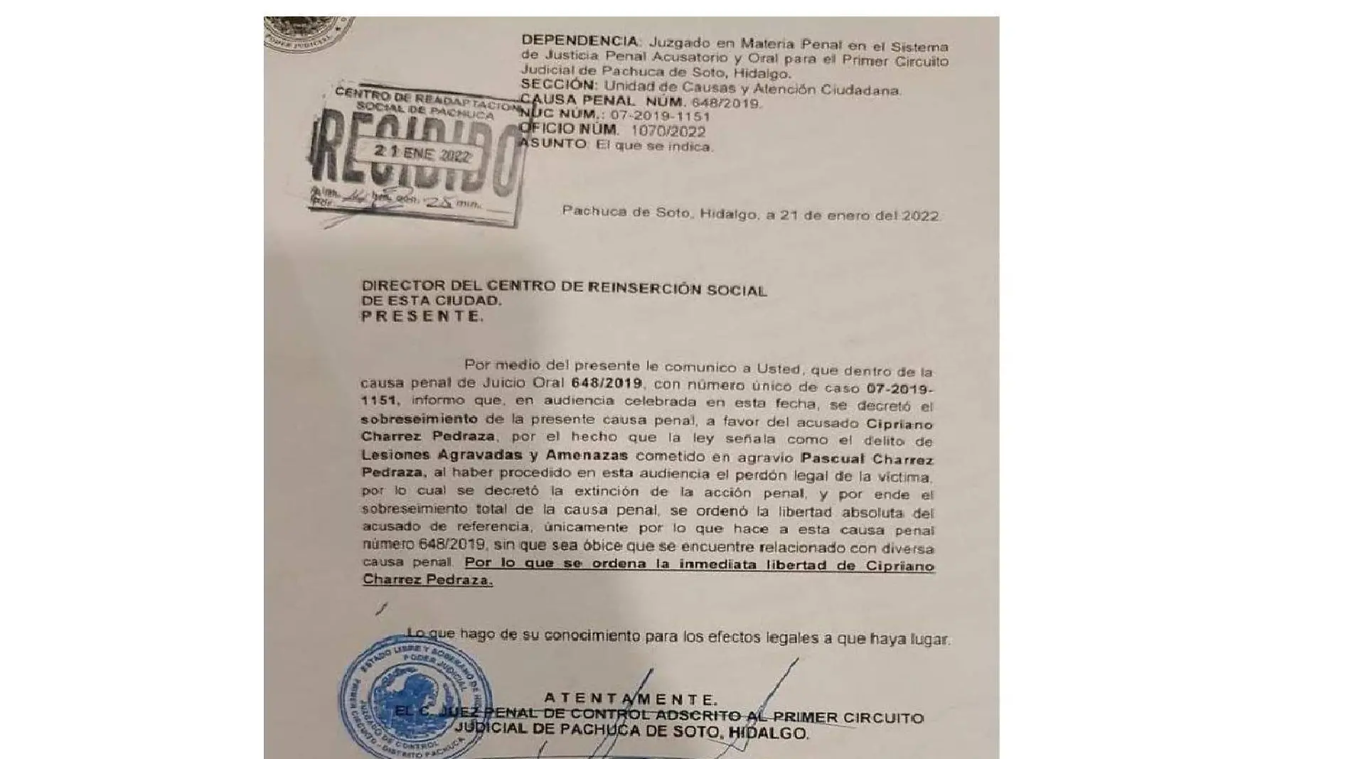 Documento que avala el perdón legal de Pascual